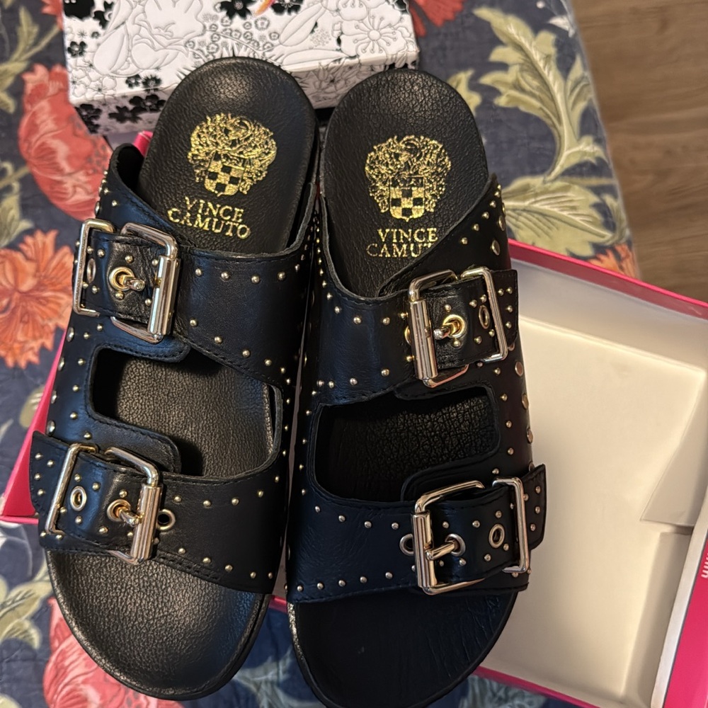 Vince Camuto Black and Gold Sandals with Studded Straps